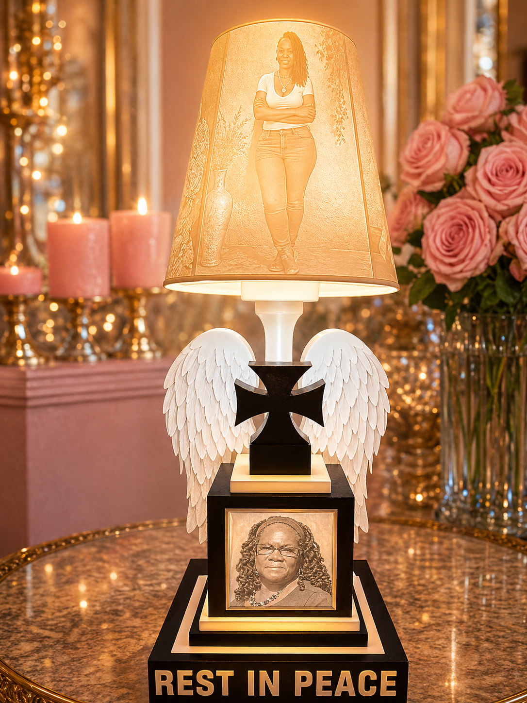 Lamp with angel wings and 'Rest in Peace' text, surrounded by candles and flowers.