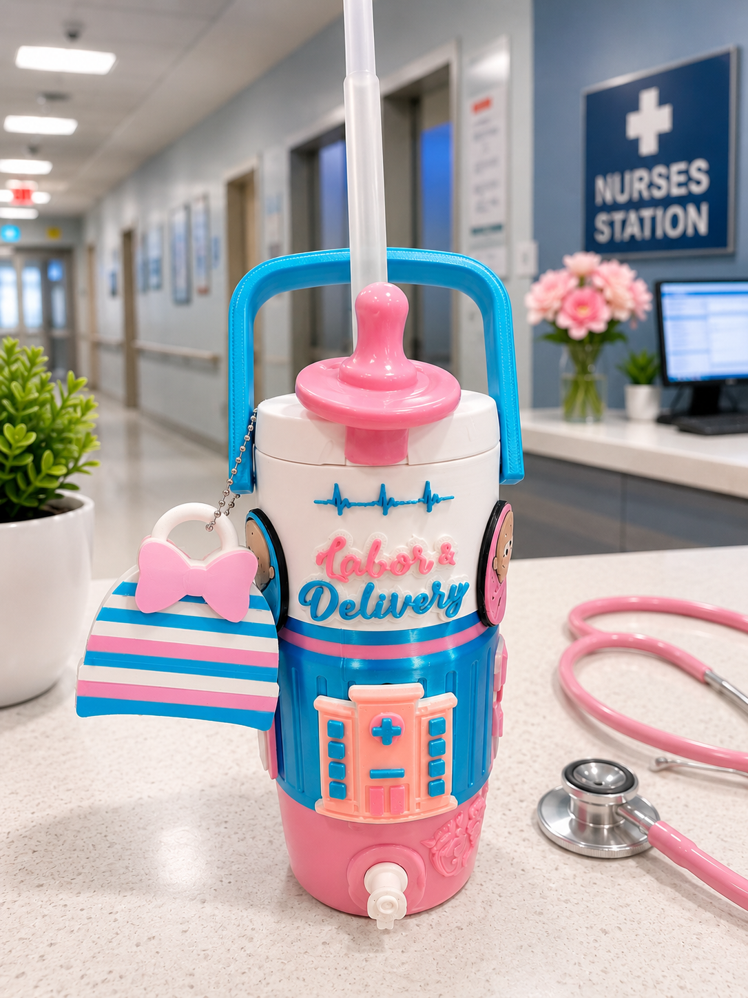 Labor and delivery can holder with key chain and straw topper
